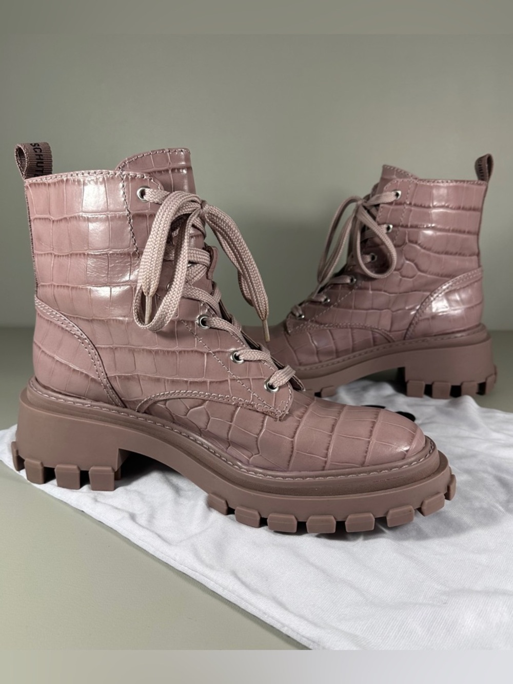 Schutz Orly Croc Print Lug Sole Lilac Combat Shiny Leather Boots - Picture 5 of 10
